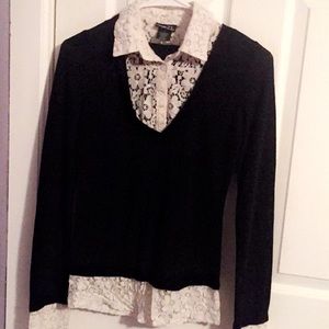 Button up lace black and white shirt